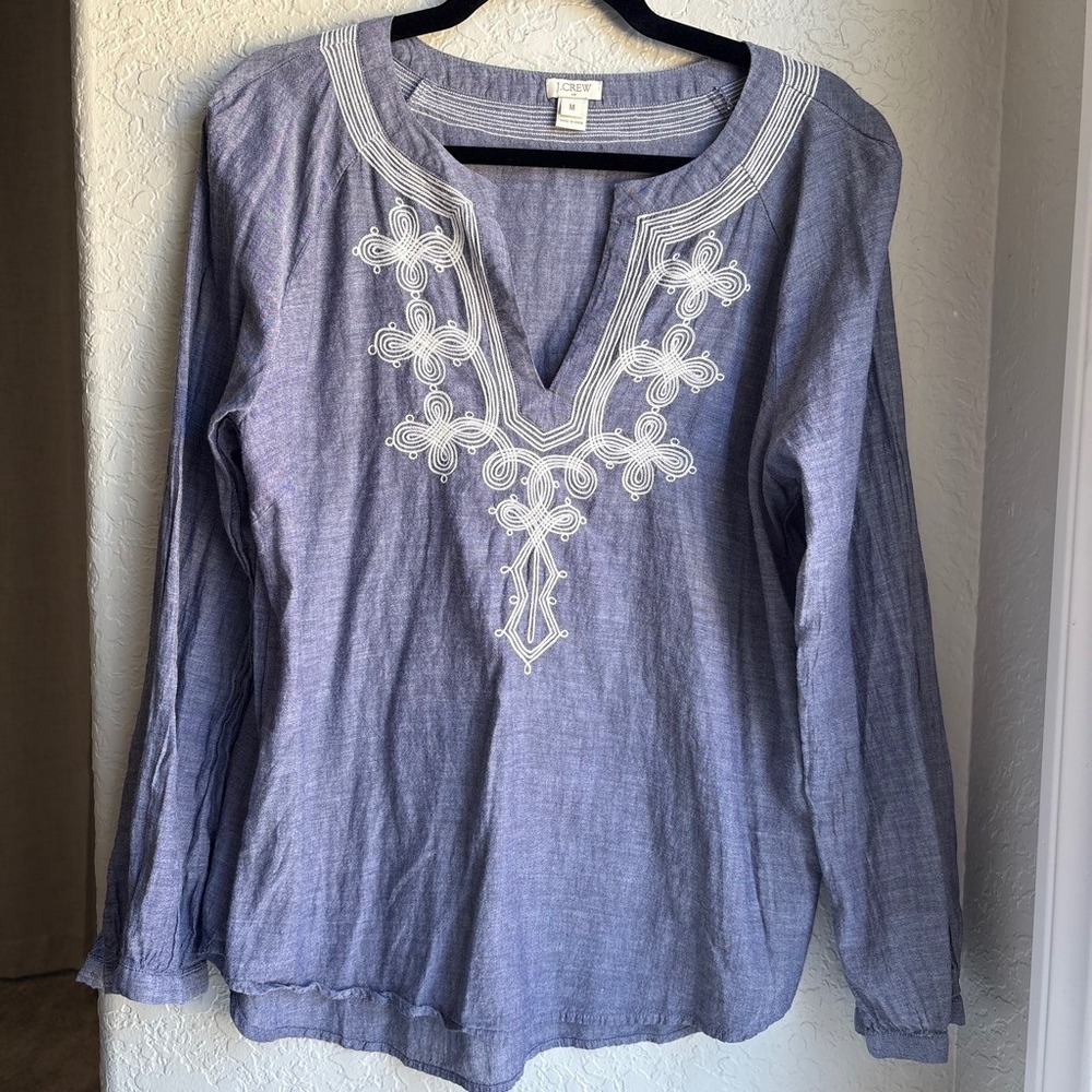 J.Crew Embroidered Chambray Women M Tunic Top Blue Cotton Long Sleeve Boho